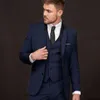 Yeni Moda Donanma Mavi Damat Smokin Groomsmen İki Düğme Çentik Yaka En Iyi Adam Suit Düğün erkek Blazer Suits (Ceket + Pantolon + Yelek)