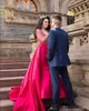 Red 2019 Beading Prom Dresses With Overskirt Mermaid Satin Long Illusion Sleeves Square Neck Evening Party Gowns Vestido De Novia
