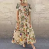 Kvinnor avslappnad elegant mode sommar nya kvinnor plus storlek kort ärm boho retro linne tryck lång maxi klänning grossist