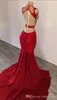 Neue Ankunft Red Gold Appliques Mermaid Abendkleid Tiefer ogstuff Elegante Abend Abendkleider 2019 Sweep Zug Abendkleider Benutzerdefinierte