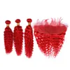 Capelli umani peruviani fasci di onde profonde rosse pure 3 pezzi con chiusura frontale 13x4 4 pezzi lotto capelli mossi di colore rosso intrecciati con pizzo frontale