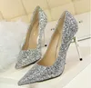 Hot Sale-W Styl Sexy Lady Nude Cekinowe Crystal Shoespoint High Heels Buty Buty Pompy 9,5 cm Oryginalne Cekiny Buty ślubne