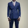 New Style Navy Blue Groom Tuxedos Double-Breasted Groomsmen Wedding Tuxedos Men Formal Dinner Party Prom Blazer Suit(Jacket+Pants+Tie) 1115