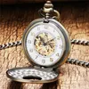 Vintage klasyczny brązowy mechaniczny zegarek kieszonkowy z naciągiem kieszonkowym Hollow Out Case męski zegarek damski z łańcuszkiem do zawieszania
