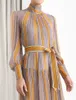 Autumn Vintage Runway Designer Dress Women 2019 Long Sleeve Striped Pleated Midi Dress Chiffon Dress With Sashes