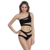 Costume intero da donna Completo da bikini sexy Scava fuori Costume da bagno solido Costume da bagno blu da spiaggia Tagliato una fasciatura a spalla Reggiseno da bagno Slip perizoma