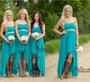 Cheap Country Bridesmaid Dresses 2019 Teal Turquoise Chiffon Sweetheart High Low Long Peplum Wedding Guest Wear Bridesmaids Maid Honor Gowns