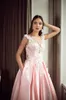 Sexy A Line Mukha Prom Dresse Spaghetti senza maniche Applique Perle Chiffon Party Dress Sweep Train robes de soir￩e