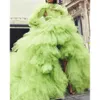 Elegancki cytrynowy zielony bujny tutu wieczorowe sukienki pełne długich rękawów łuk 2020 wysokie niskie długich sukni balowych wielopoziomowe ruffles tulle party sukienka