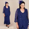 Plus size moeder van de bruid jurk met jas 3 stuks kant v-hals lange mouw koningsblauwe weddng gast jurk avondjurken