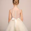 Champagne Flower Girl Dresses For Weddings Sheer Neck Se genom Applicies Sash Short Girls Pageant Dress Child Birthday Prom Clows