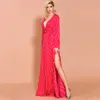 Evening dress Yousef aljasmi Women wave-point dressprint v-neck dress long sleeves slit Polka Dot Zipper red