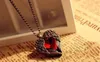 Vintage jewelry Bronze Carved Angel Wing Red Crystal Love Heart Shape Pendant Necklace Chain Gift Retro Charm Long Necklaces WCW104