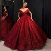 Vintage Red Evening Dresses Off The Shoulder V Neck Ball Gown Robes De Soiree Sequined Prom Dress