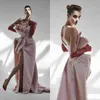 2020 Azzi Osta Pink Aftonklänningar Tulle Sweetheart Sweep Train Broderi Mermaid Prom Dress Custom Made High Split Robes de Soirée