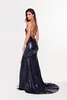 Sparkle Navy Blue Sequined Prom Party Dresses Sexig Mermaid V Neck Split Corset Bridesmaid Evening Gowns Golvlängd Vestidos Billiga