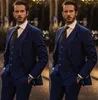 Dernière conception deux boutons bleu marié Tuxedos cran revers hommes fête de mariage garçons d'honneur 3 pièces costumes (veste + pantalon + gilet + cravate) K39