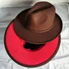2020 موضة القهوة والأحمر المرقعة النساء الرجال واسعة حافة قبعات من اللباد سيدة بنما Vintage للجنسين قبعة فيدورا قبعة الجاز L XL