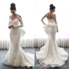 Wunderschönes, langärmliges Meerjungfrau-Hochzeitskleid 2019, Illusions-Oberteil, Spitze-Applikation, Brautkleider mit großem, abnehmbarem Rock, Schleife hinten, Vestidos de Novia