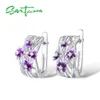 SANTUZZA Silver Earrings For Women Genuine 925 Sterling Silver Delicate Charming Purple Flower Fine Jewelry Handmade Enamel CX2006259e