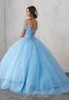 2019 Light Sky Blue Ball Gown Quinceanera Dresses Cap Sleeves Spaghetti Beading Crystal Princess Prom Party 드레스 16 G243W