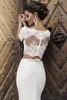 Bescheidene Spitze Meerjungfrau Brautkleider mit langen Ärmeln V-Ausschnitt Trompete Illusion rückenfreie Brautkleider Sweep Zug Brautkleid 3972