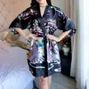 Woherb 2019 Verano Pijama japonés Mujeres Albornoz Pijamas de seda Harajuku Kimono Estampado de flores Señoras Sexy Ropa de dormir Vestido 21196