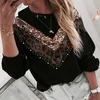 Womens Pullover Casual Glitter Lepoard Patchwork Shirts Dames Lange Mouw Zwart T-shirts Trek Femme Losse Pullover Tops Plus Size