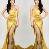 Gold Sheer High Neck Satin Meerjungfrau Abendkleider Arabische Spitze Applikation High Side Split Durchsichtig Sweep Zug Formelle Party Ballkleider