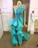 2020 NUEVO SEXY TURQUOISE CUNTER ÚNICO Vestidos de fiesta para mujeres Flores de plumas de sirena dividida Ruffles Formal Vestido de noche Part3042