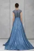 2020 A linha Vestidos Jewel Appliqued Lace Lantejoulas Lace Ruched Prom Dresses Sweep Trem Custom Made formal do partido Vestidos