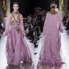 Elie Saab 2019 فساتين سهرة أرجوانية A Line مطرزة بالخرز برقبة عالية فساتين حفلات سويب تراين كم طويل