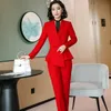 Elegant röd mörkblå svart Kvinnor Pant Suit för Office Lady Två Pieces Set Storlek S-4XL Scarf Collar Blazer Coat With Pant Set