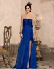 Royal Blue Avondjurken Strapless 3D Floral Applicaties Split Chiffon Plus Size Avondjurken Abendkleureider Formele Jurk Gewaden De Soirée