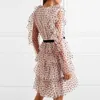 Frühling Runway Designer Kleid 2019 Frauen Elegante Rüschen Langarm Rosa Polka Dot Mesh Kleid