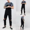 Black Overalls Mens Holes Pocket Jeans Overall Jumpsuit Streetwear Suspender Long Pants Pantalones1286f