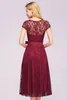 Burgundy Tea Length Lace Evening Prom Dresses Womens Cheap Short Cap Sleeves Scoop Neck Christmas Party Cocktail Dress with Sash CPS1152