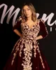 2020 Новый арабский Burgundy Velvet Пром платья Милая Шампань Кружева Аппликации Бисер 1/2 Длинные рукава бальное платье партии Вечерние платья