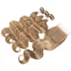 KissHair Color 8 Light Brown Ash Blonde Brazilian Body Wave Straight Hair Bundles with Closure 100 Human Hair Extension