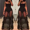 Abiti casual Nero Sexy Vedere Attraverso Sheer Mesh Maxi Dress Donna Senza maniche Cinturino per spaghetti Lungo Ruffle Party Club Wear