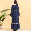 Casual Dresses Ethnic Floral Embroidery Maxi Dress Navy Blue O Neck Flare Long Sleeve Empire Pleated A Line Plus Size Muslim Clothing
