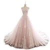 ロマンチックなピンクのウェディングドレス2020 VネックビーズのRuchedチュールレースコルセットバックブライダルガウンカラーホワイトブライダルガウン高品質