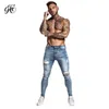 Gingtto mager jeans för män bleknade blå rippade nödställda stretch hip hop slim fit byxor super spray på reparerad plus size zm45 y14282403