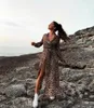 Yeni Stil Kadın Elbise Seksi Kadın Leopar Şifon Uzun Kollu Derin V Boyun Casual Parti Vintage Boho Uzun Bölünmüş Elbise Moda Hot1