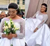 Plus Size Crystal Major Beading Wedding Dresses Long Sleeve Scoop Neck African Nigerian Bridal Ball Gown Satin Tail Vestidos De Novia AL6235