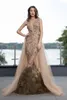 Cristallini Prom Dresses Sexy Deep V Neck Lace Appliques Beads Feather Mermaid Evening Gowns Detachable Train Special Ocn Dress