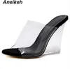 Aneikeh Summer New Fashion PVC Transparent Wedges Slippers Open Toe Perspex Heel Women High Heel Crystal Women's Shoes Black