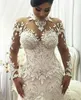 Luxe Rhinestones Mermaid Trouwjurken Afrikaanse Custom Made Sheer Lange Mouwen Kant Applicaties Hoge nek Bruidsjurken Vestidos de Novia