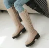 Hot Sale-Plus size 33 to 42 43 fashion chunky heel lace up side zip knee high knight boots 5cm brown black beige