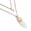 Natural Stones Moon Pendants Necklace Double Layer Gold Link Chains Women Crystal Quartz Bullet Hexagonal Prism Point Healing Charm Jewelry